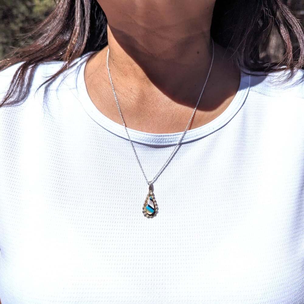 Native American‎ Inlay Pendant Teardrop Sterling Silver Zuni Necklace Jewelry**